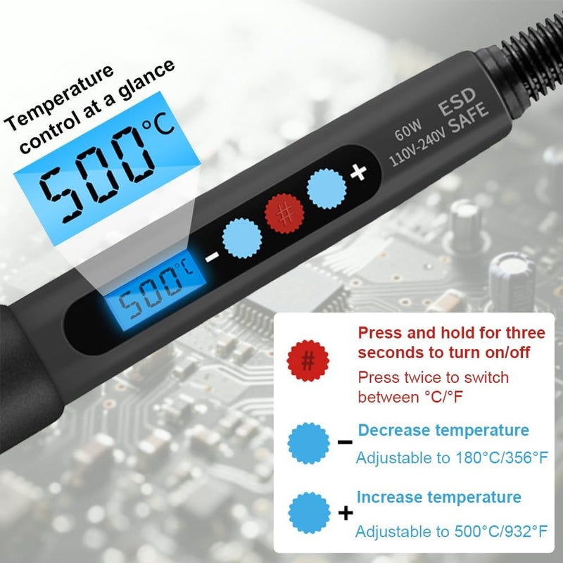 BATALO طقم مكواة لحام 60 واط مع شاشة LED - درجة حرارة قابلة للتعديل من 180-500 درجة مئوية أدوات لحام مع رؤوس، سلك، فلكس، مضخة إزالة اللحام وصندوق تخزين لمشاريع الإلكترونيات، إصلاح المعادن - Image 3
